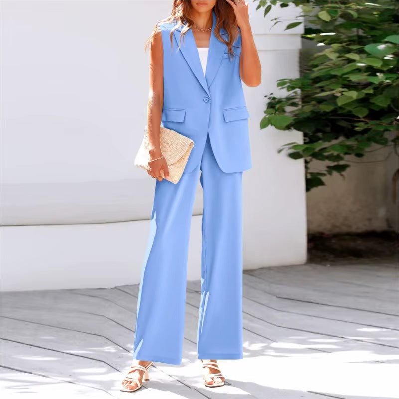 Commuter Sleeveless Coat Suit Women'S Formal V Neck Tops Wide Leg Panys Outfit Set Busuness Jacket Suit Trouses Set for Women