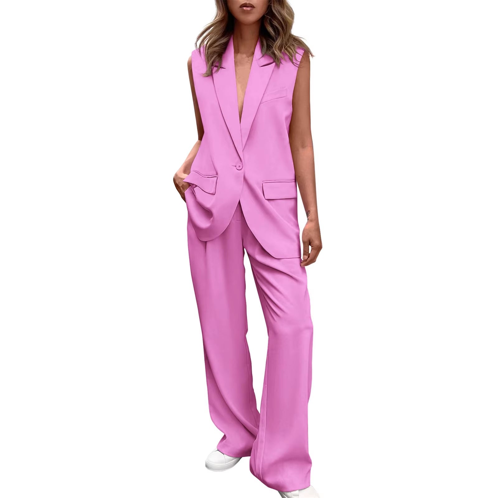 Commuter Sleeveless Coat Suit Women'S Formal V Neck Tops Wide Leg Panys Outfit Set Busuness Jacket Suit Trouses Set for Women