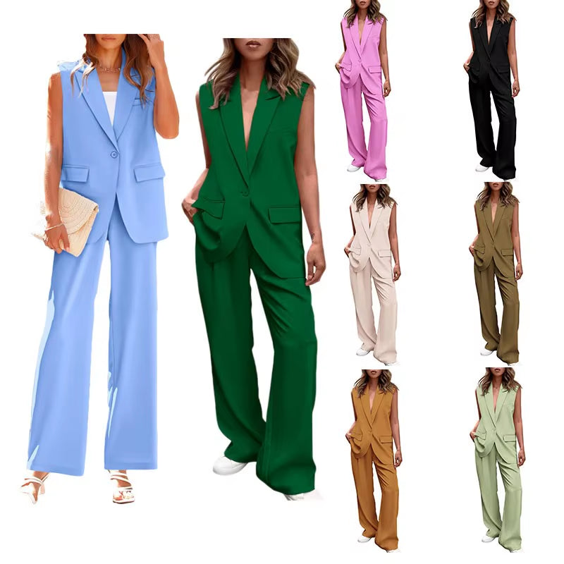 Commuter Sleeveless Coat Suit Women'S Formal V Neck Tops Wide Leg Panys Outfit Set Busuness Jacket Suit Trouses Set for Women
