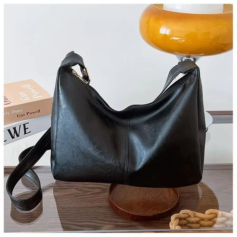 PU Leather Commuter Fashion Vintage Casual Tote Bag Maillard Stylish Crossbody Bags for Women Texture Large Capacity Temperament