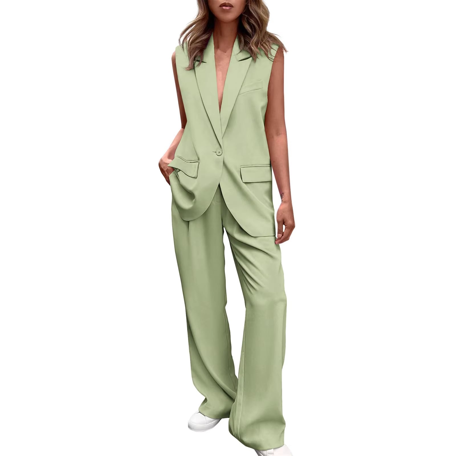 Commuter Sleeveless Coat Suit Women'S Formal V Neck Tops Wide Leg Panys Outfit Set Busuness Jacket Suit Trouses Set for Women