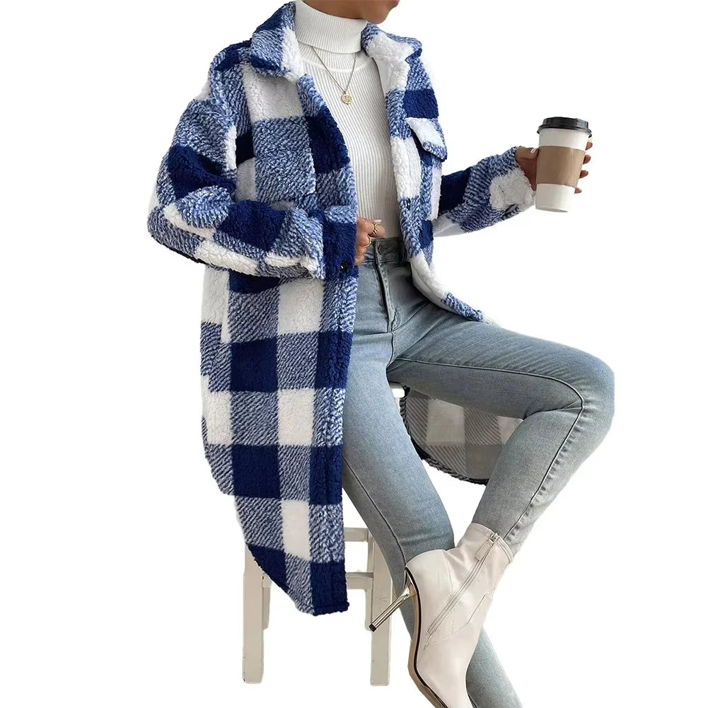 Outwear Jacket Holiday Ladies Winter Warm Outwear Plaid Long Jacket Shacket Cardigan Womens Tartan Check Jacket