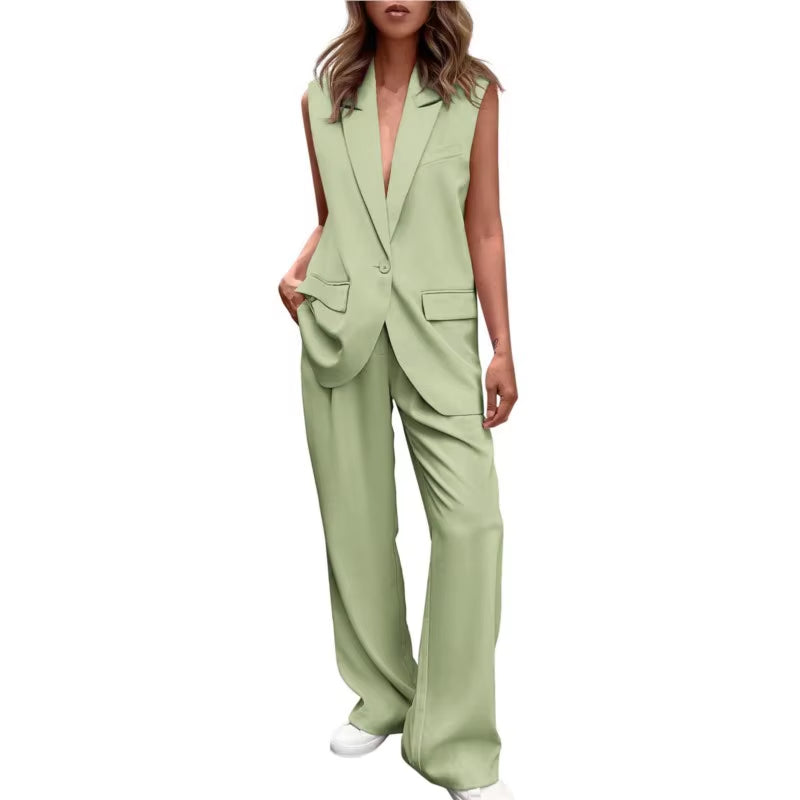 Commuter Sleeveless Coat Suit Women'S Formal V Neck Tops Wide Leg Panys Outfit Set Busuness Jacket Suit Trouses Set for Women