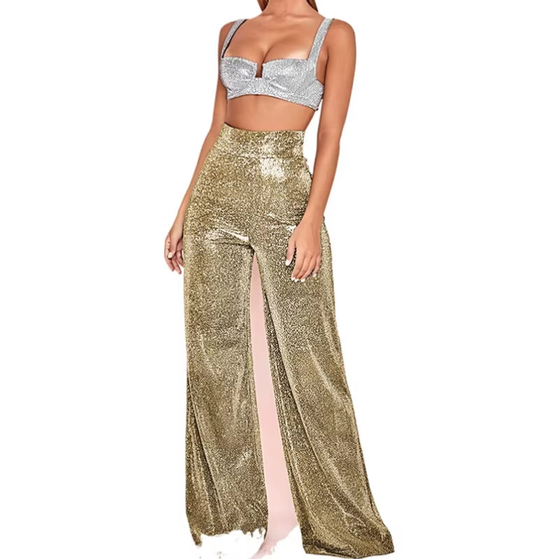 Metallic Sparkly Wide Leg Pants Women Elastic High Waist Glitter Sequin Palazzo Pants Casual Loose Party Clubwear Long Trousers