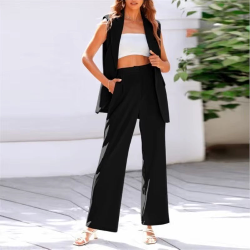 Commuter Sleeveless Coat Suit Women'S Formal V Neck Tops Wide Leg Panys Outfit Set Busuness Jacket Suit Trouses Set for Women