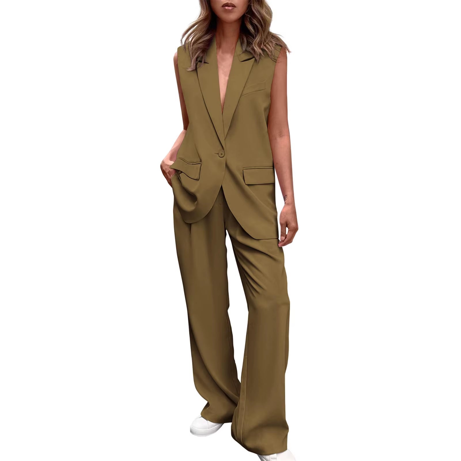 Commuter Sleeveless Coat Suit Women'S Formal V Neck Tops Wide Leg Panys Outfit Set Busuness Jacket Suit Trouses Set for Women