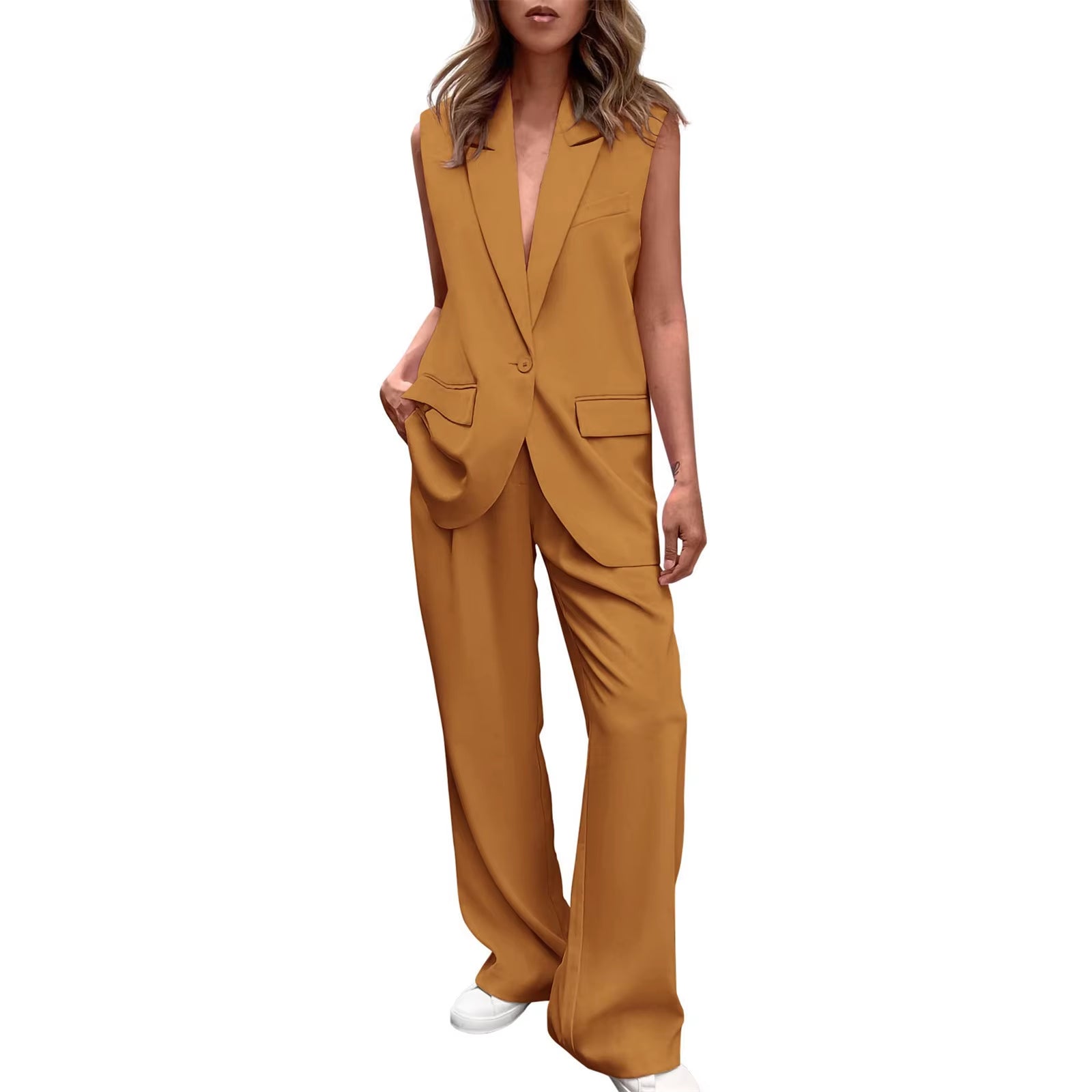 Commuter Sleeveless Coat Suit Women'S Formal V Neck Tops Wide Leg Panys Outfit Set Busuness Jacket Suit Trouses Set for Women