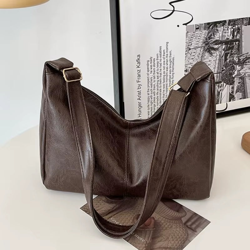 PU Leather Commuter Fashion Vintage Casual Tote Bag Maillard Stylish Crossbody Bags for Women Texture Large Capacity Temperament